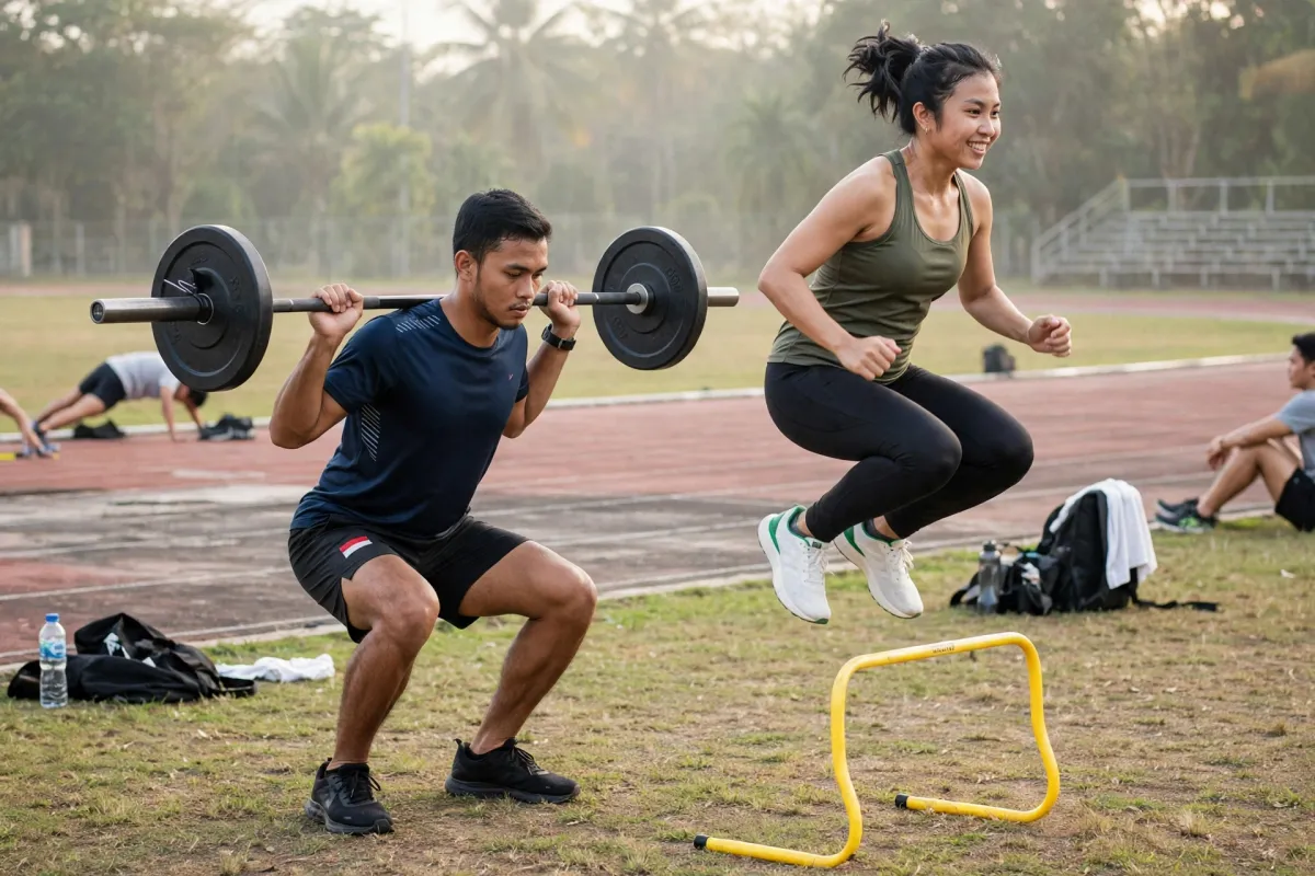 Two Indonesian runners training together at a public sports field, one doing controlled barbell squats while another per