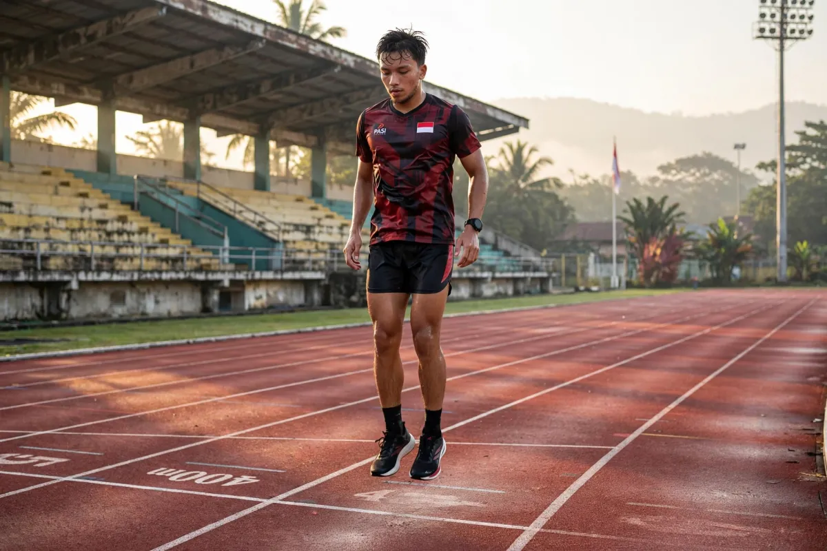 Indonesian distance runner doing repeated pogo jumps on a red athletics track, candid concentrated face, relaxed but ath
