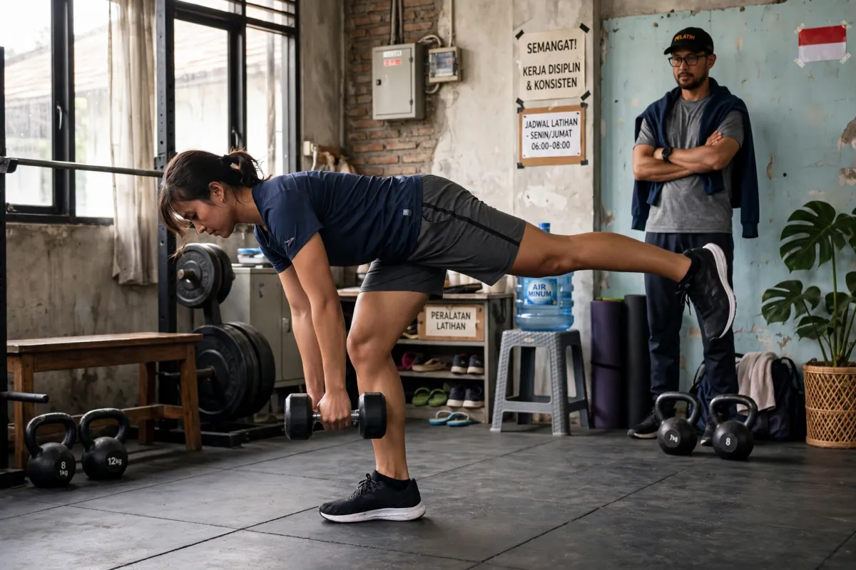 Indonesian female runner performing a controlled single-leg Romanian deadlift in a modest local gym, candid focused expr