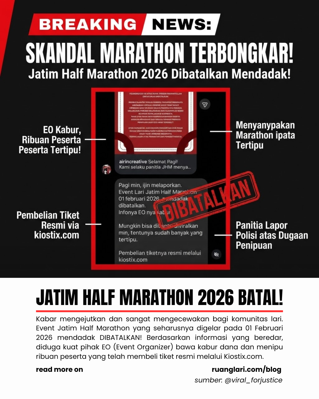 Jatim Half Marathon 2026 Batal Mendadak H-2, Panitia Laporkan CEO ke Polisi
