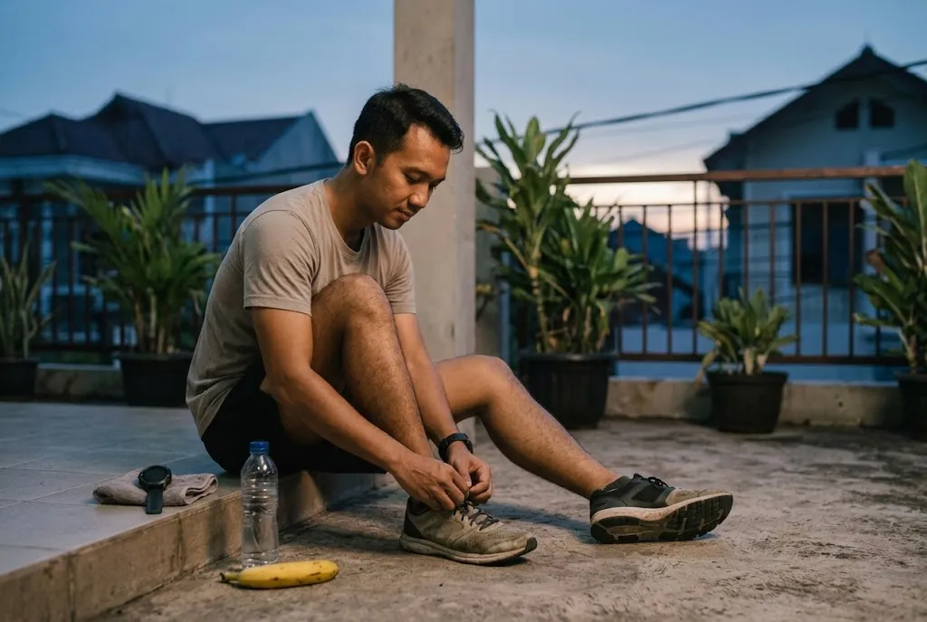 Indonesian runner preparing shoes, banana, water bottle, and smartwatch before sunrise run at home terrace, candid calm 