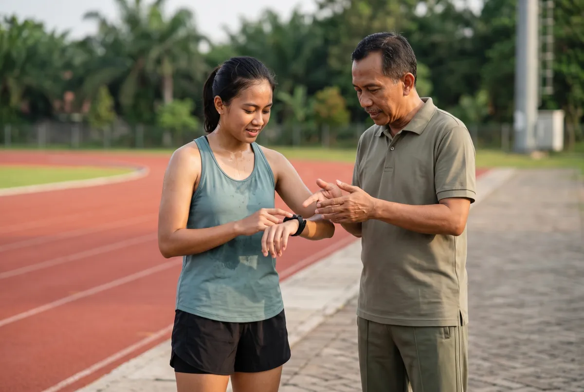Two Indonesian runners jogging side by side while having a light conversation in a calm city park, candid smiles and rel