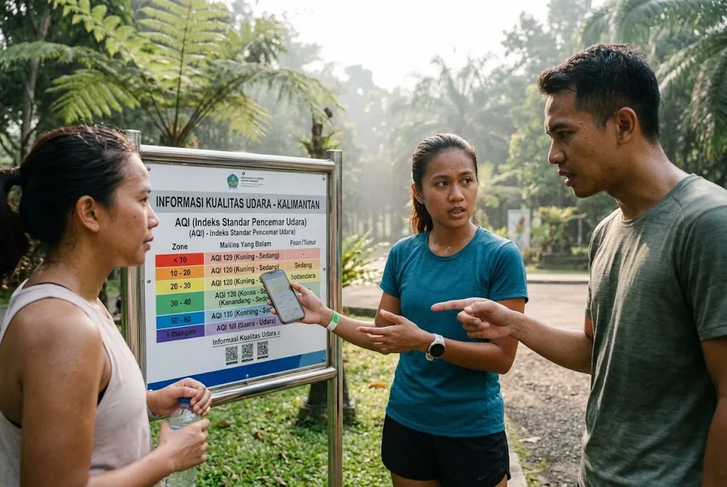 Indonesian runners discussing an air quality information board near an urban park in Kalimantan, natural candid gestures