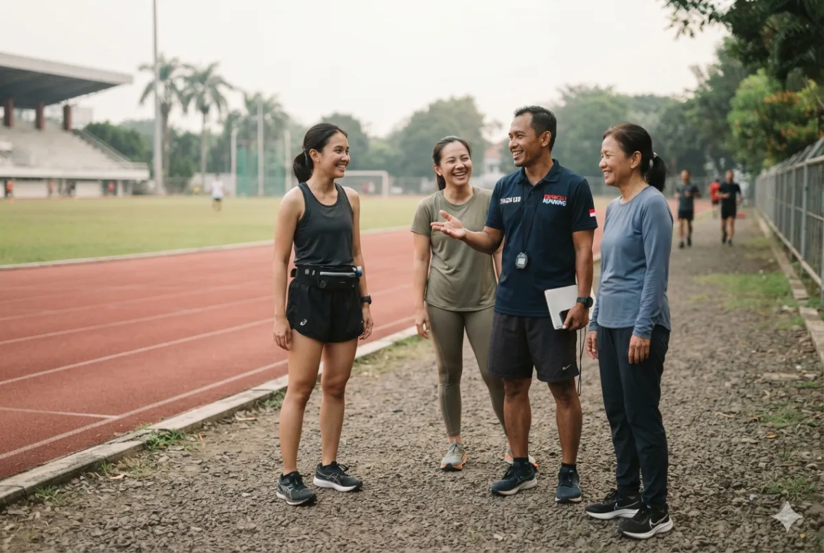 Indonesian running coach talking with three runners of different experience levels beside an athletics track, candid dis