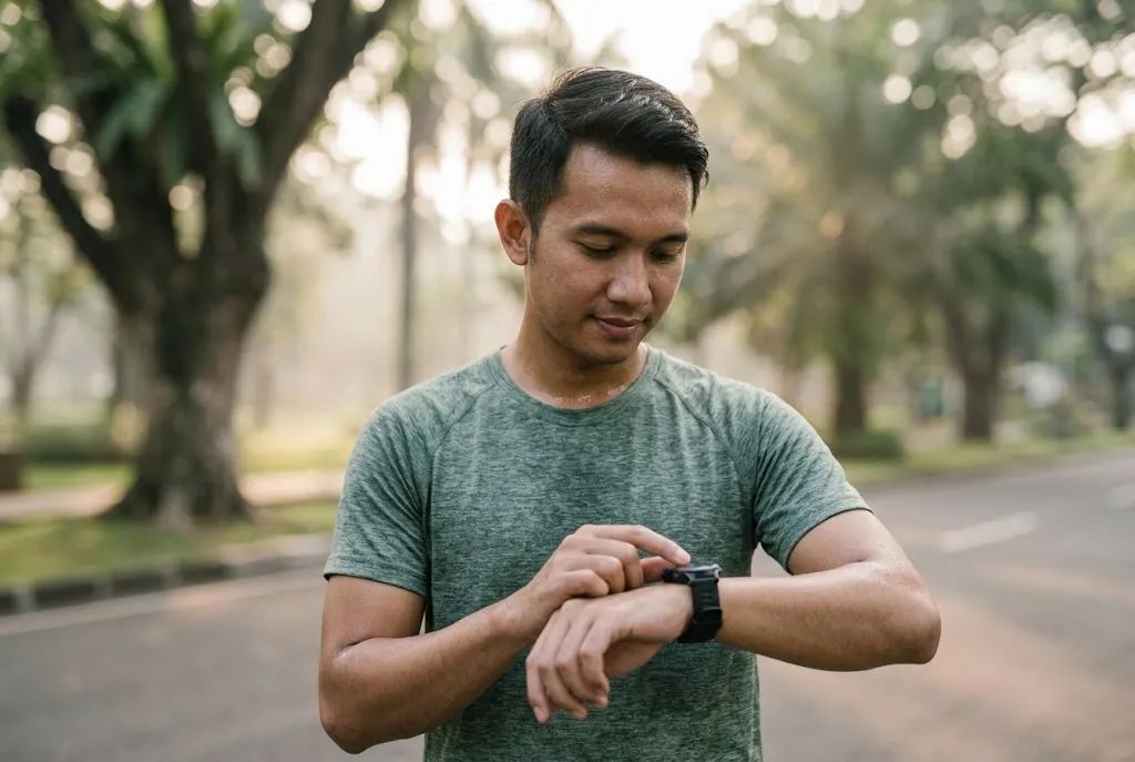 Close candid scene of Indonesian runner reviewing heart rate, cadence, pace, and split data on smartwatch after morning 