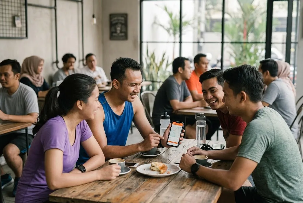Indonesian runners in coffee shop after community run, casually discussing Strava activities on phone, relaxed candid ex
