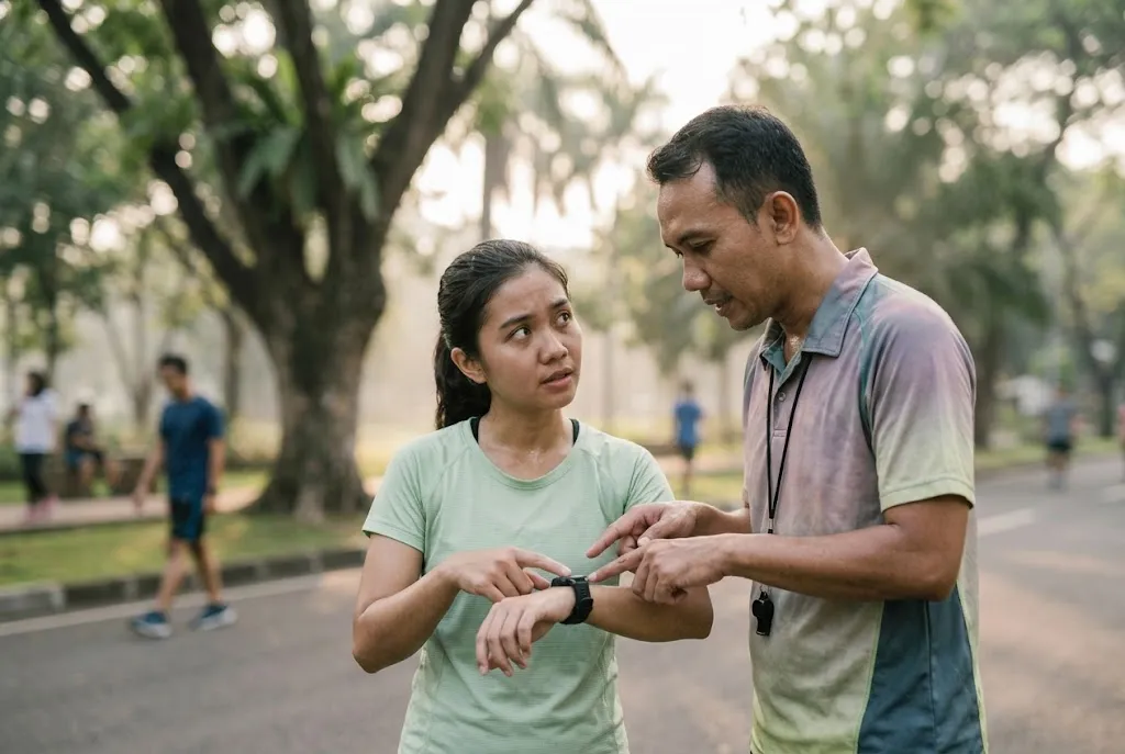 Indonesian beginner runner asking coach while looking at smartwatch data after easy run in city park, candid educational