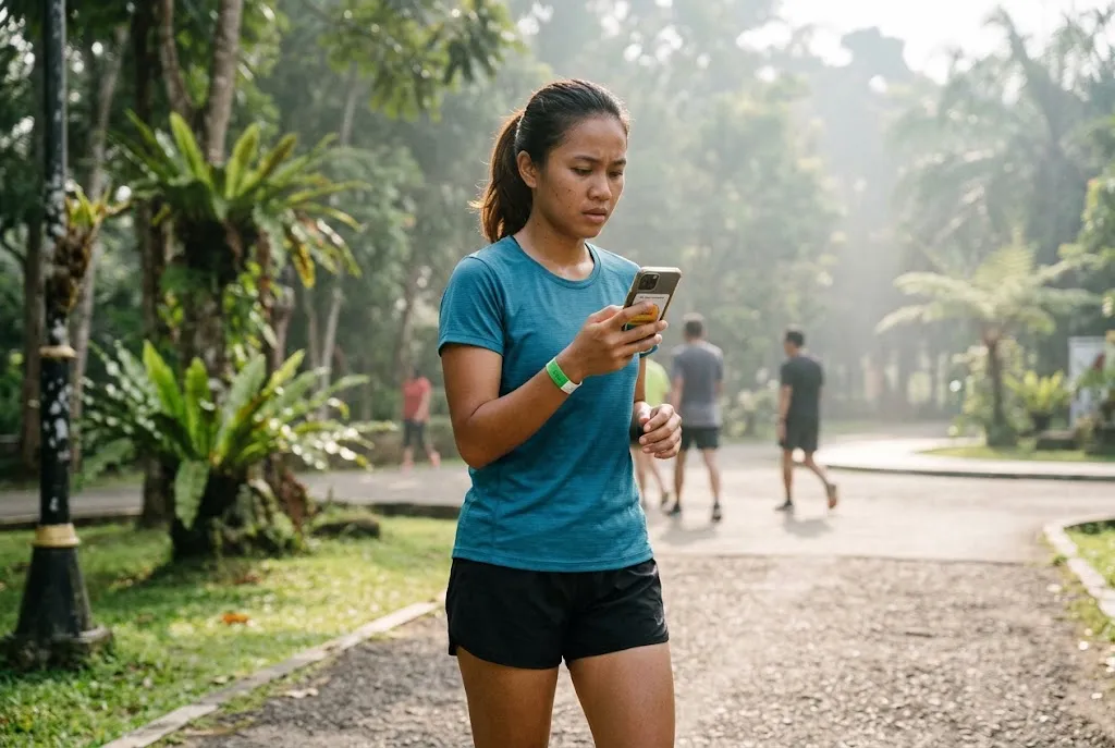 An Indonesian recreational runner checking air quality data on a smartphone before jogging in a Kalimantan city park, ca