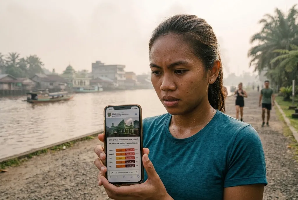 An Indonesian woman runner checking an official air quality dashboard on her phone at a Kalimantan riverside promenade, 