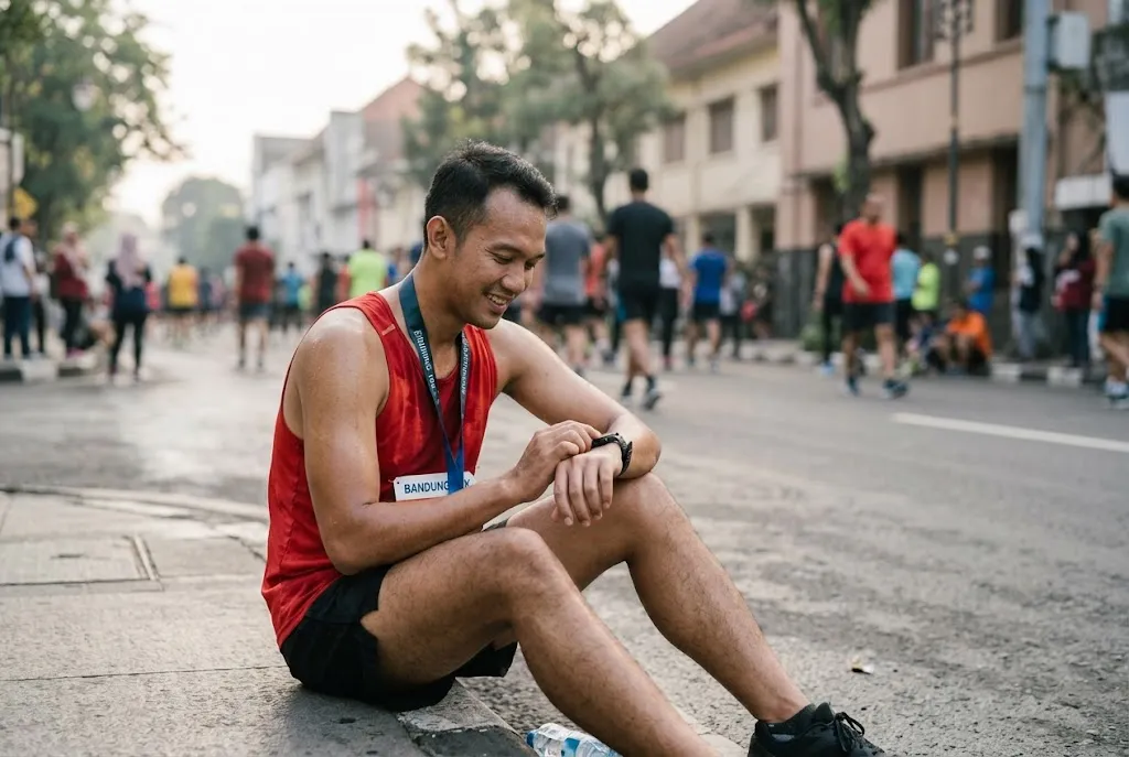 Indonesian runner sitting on curb after finishing 10K race, looking at GPS watch with candid tired smile, urban asphalt 