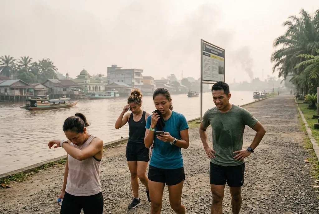 A group of Indonesian runners slowing down during a hazy morning run beside a river in Kalimantan, candid tired expressi