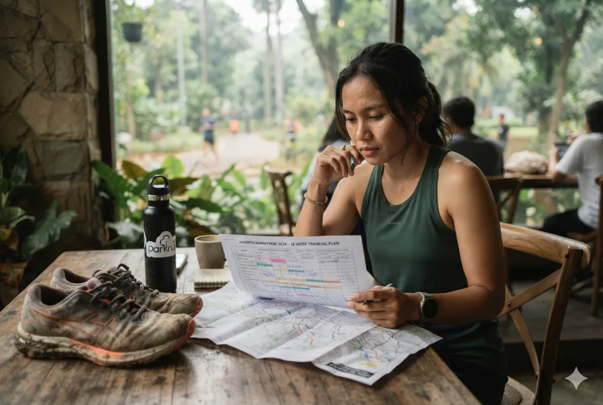 Candid Indonesian runner studying a race training calendar and route map at a simple wooden table near a park, thoughtfu