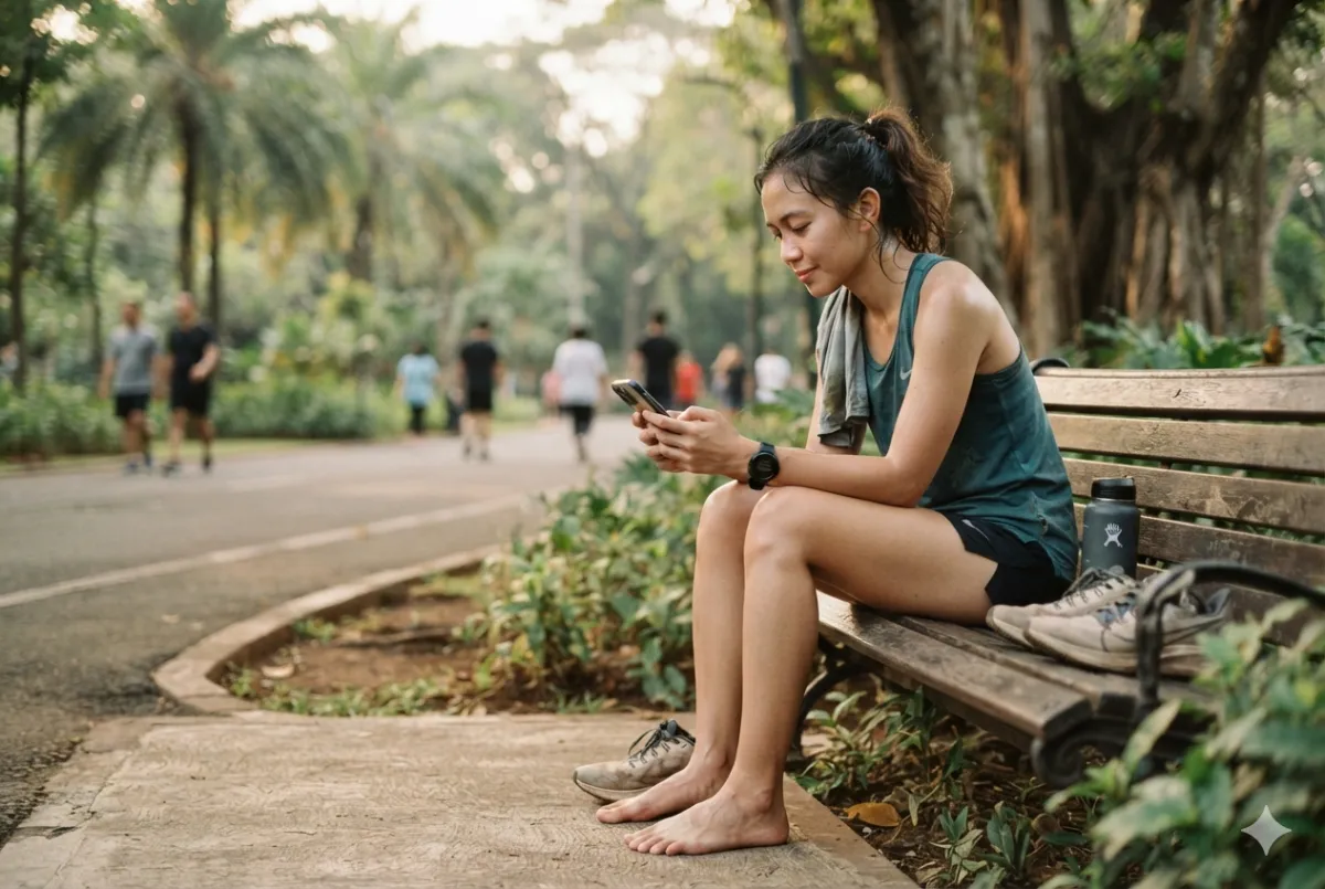 Indonesian female runner sitting calmly on a park bench after training while checking recovery notes on a smartphone, ca