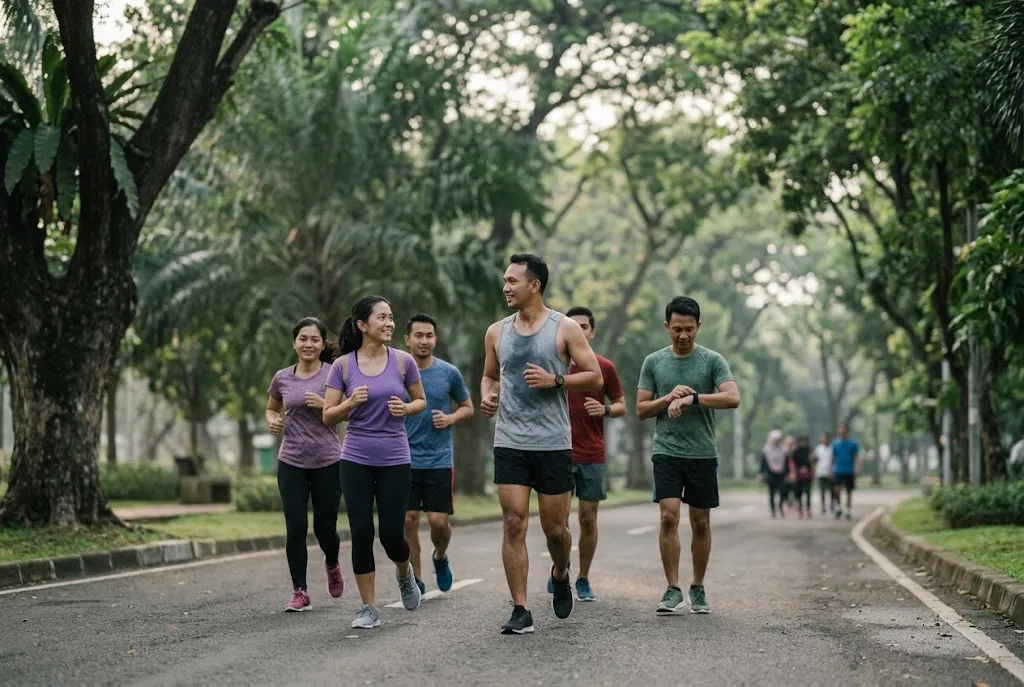 Indonesian running group doing easy run on shaded city park path, relaxed conversation pace, neutral muted green and gre