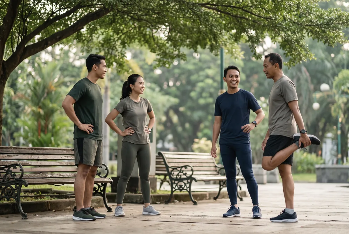 Indonesian runner and local coach calmly reviewing pace and heart rate data on a smartwatch beside a running track, cand